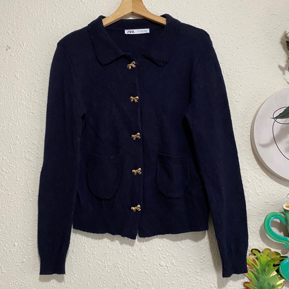 Zara Navy Blue Wool Blend Cardigan Gold Bow Buttons Womens Med princess whimsy